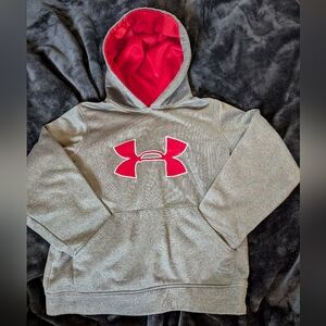 Under Armour Kids Youth (SM)Gray Hoodie with Red Logo and Lined Hood